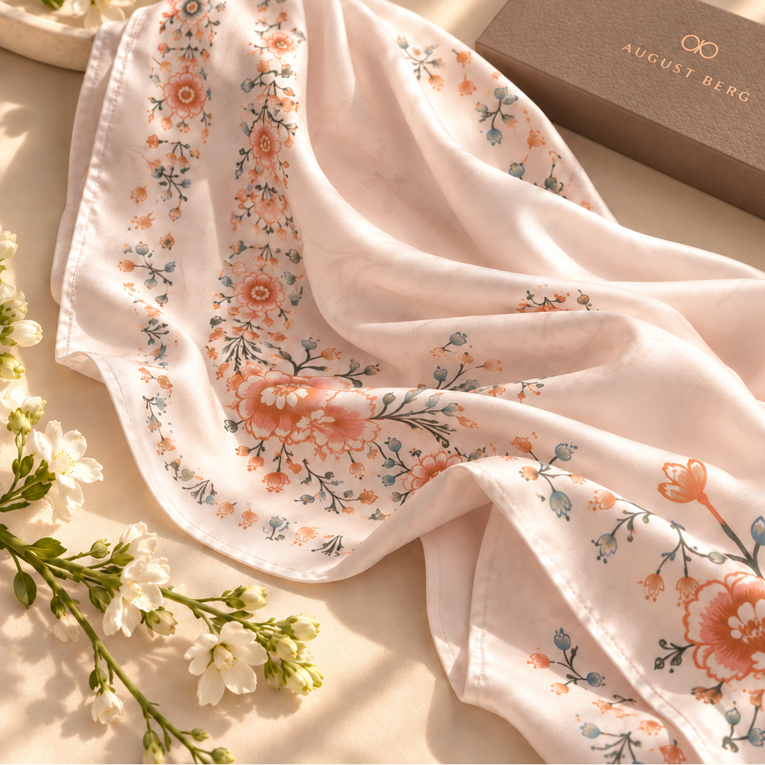 A lightweight square scarf with a delicate floral print in peach, orange, and muted blue on a soft off-white background, styled with white flowers and a brown August Berli brand box.